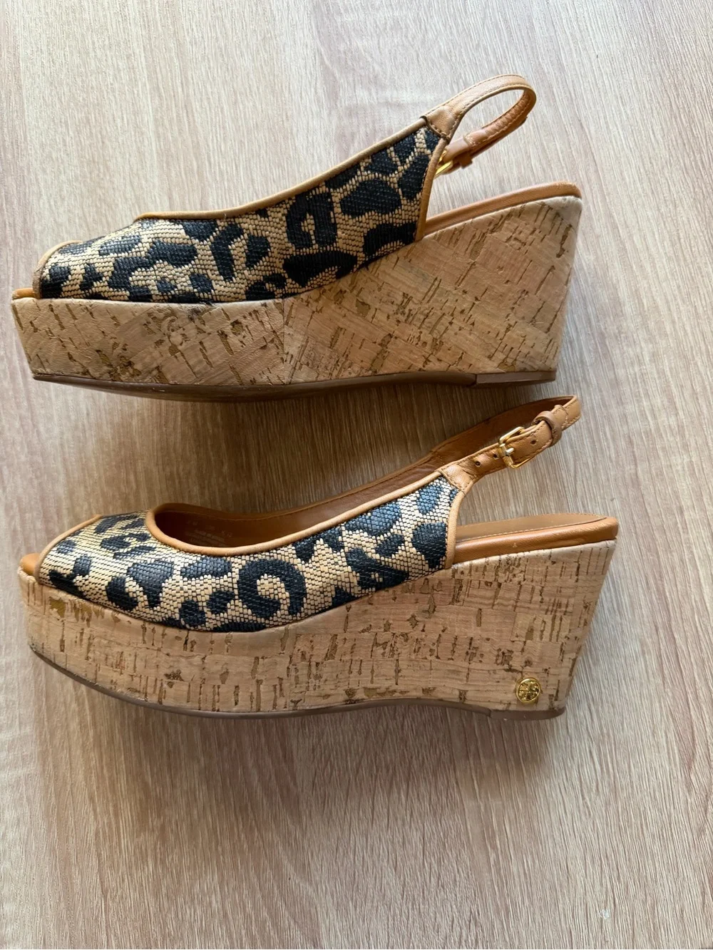Tory Burch Tan & Black Leopard Wedge Cork Wedge Platform Sling-backs Sz 8